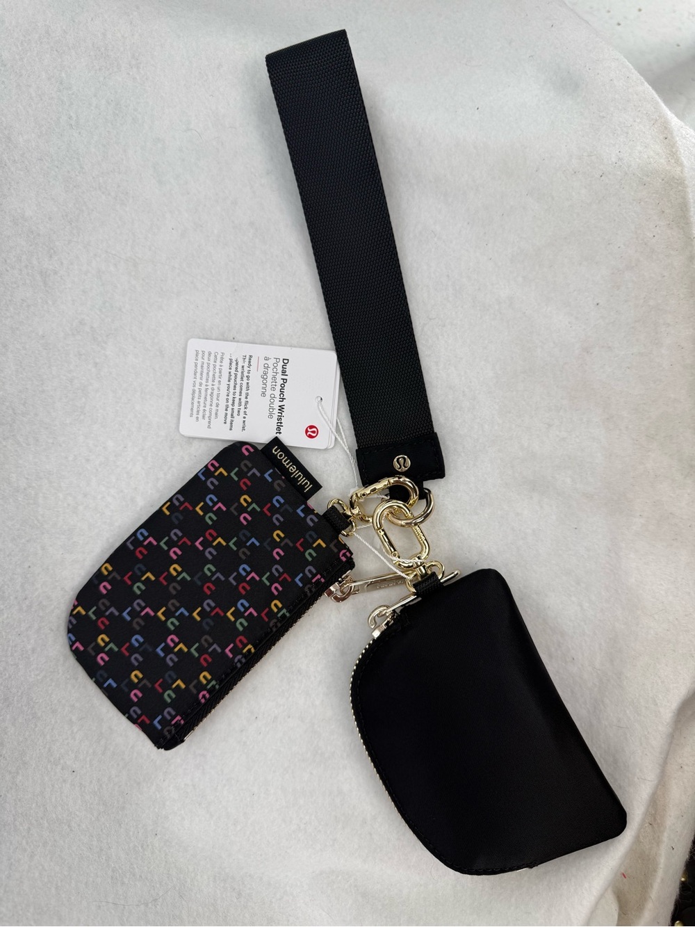 NWT Lululemon Dual Pouch Wristlet (Lulu Rainbow Stack/Black/Gold) Word Mark